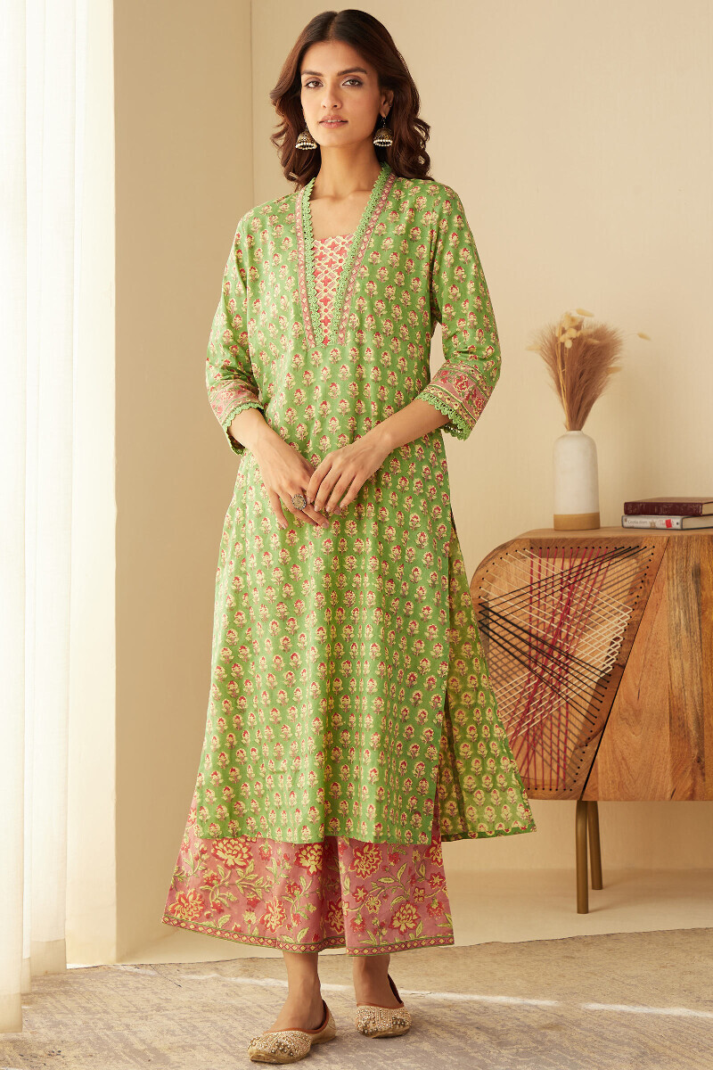 Green Hand Block-Printed Straight Cotton Kurta