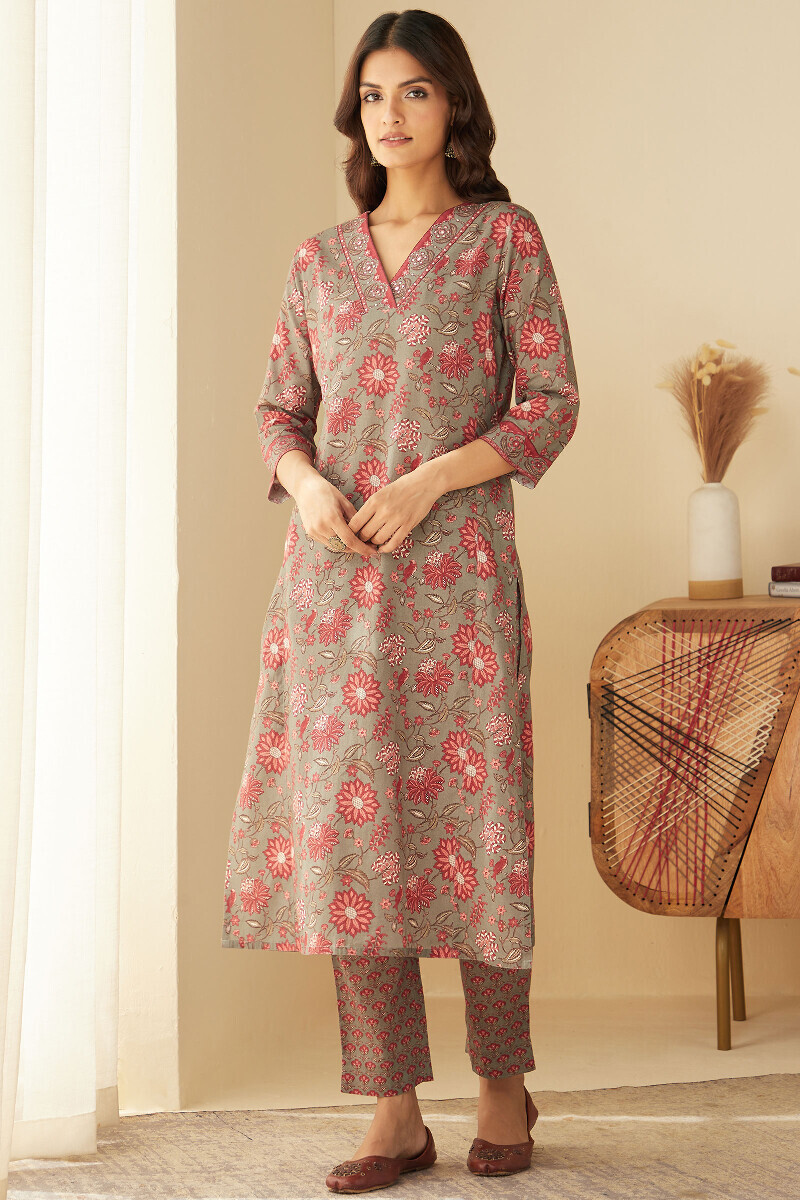 Grey Printed Straight Cotton Kurta