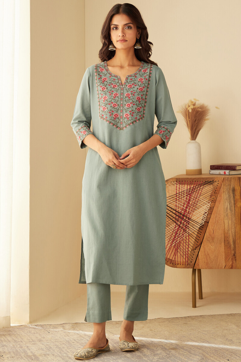 Grey Handcrafted Straight Cotton Kurta