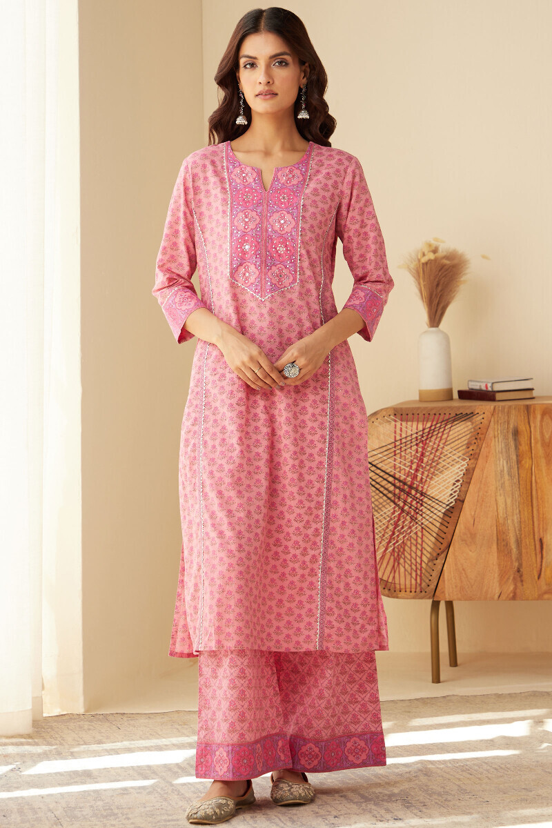 Pink Hand Printed Straight Cotton Kurta
