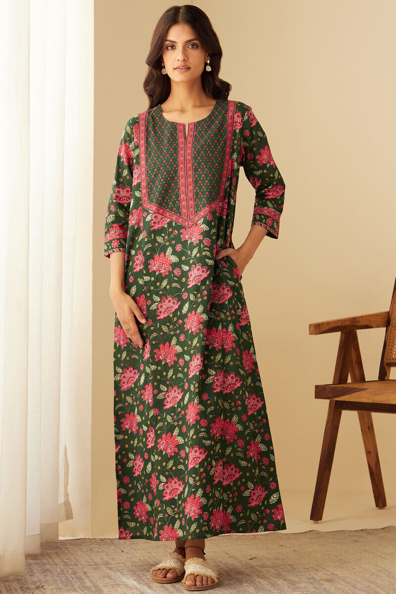 Green Hand Printed Cotton Kaftan