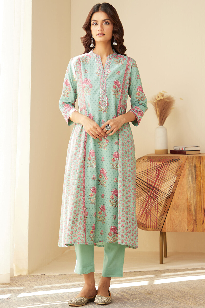 Green Hand Printed A-Line Cotton Kurta