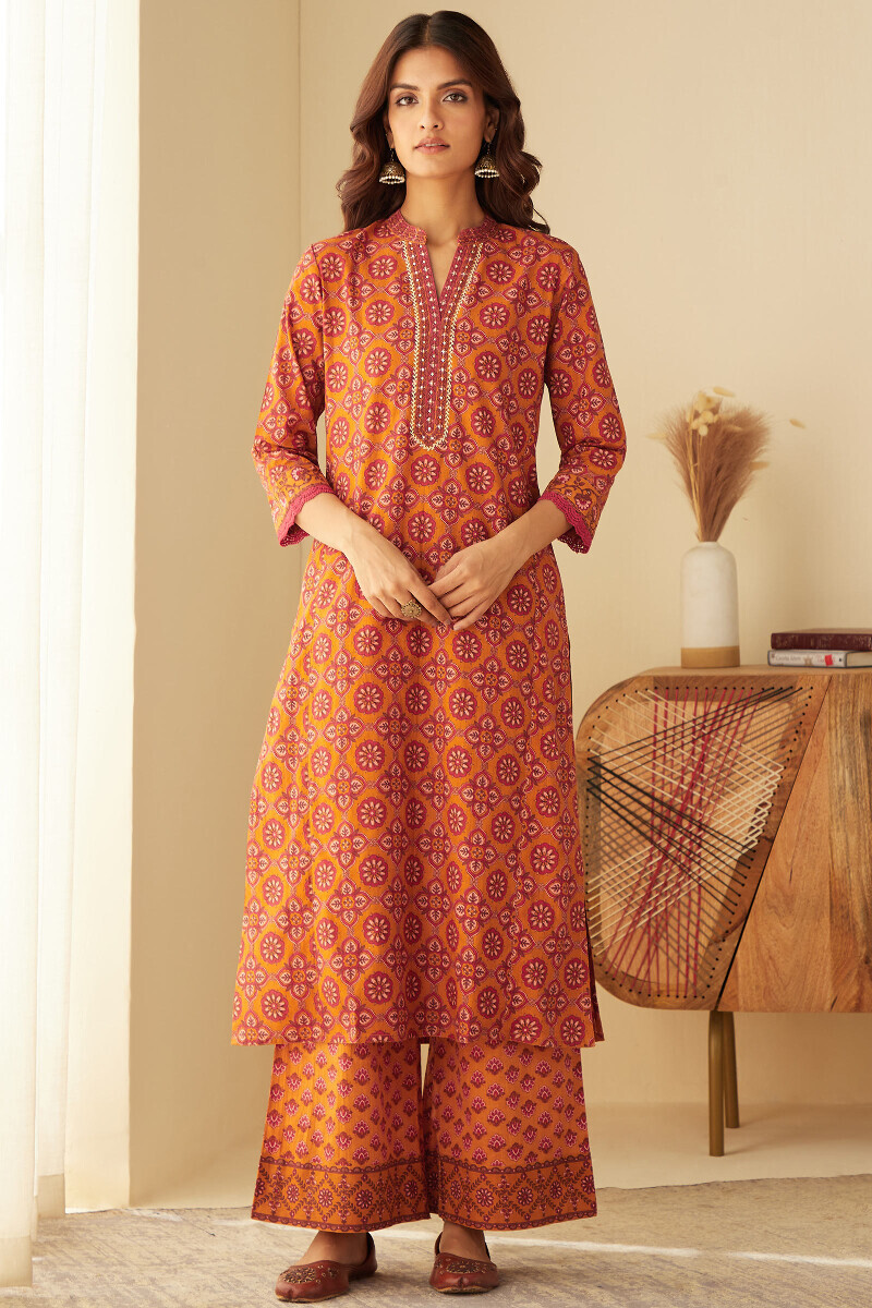 Mustard Hand Printed Straight Cotton Kurta