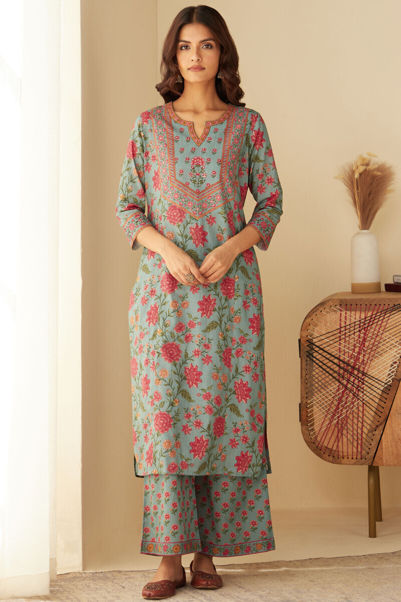 Blue Printed Straight Cotton Kurta