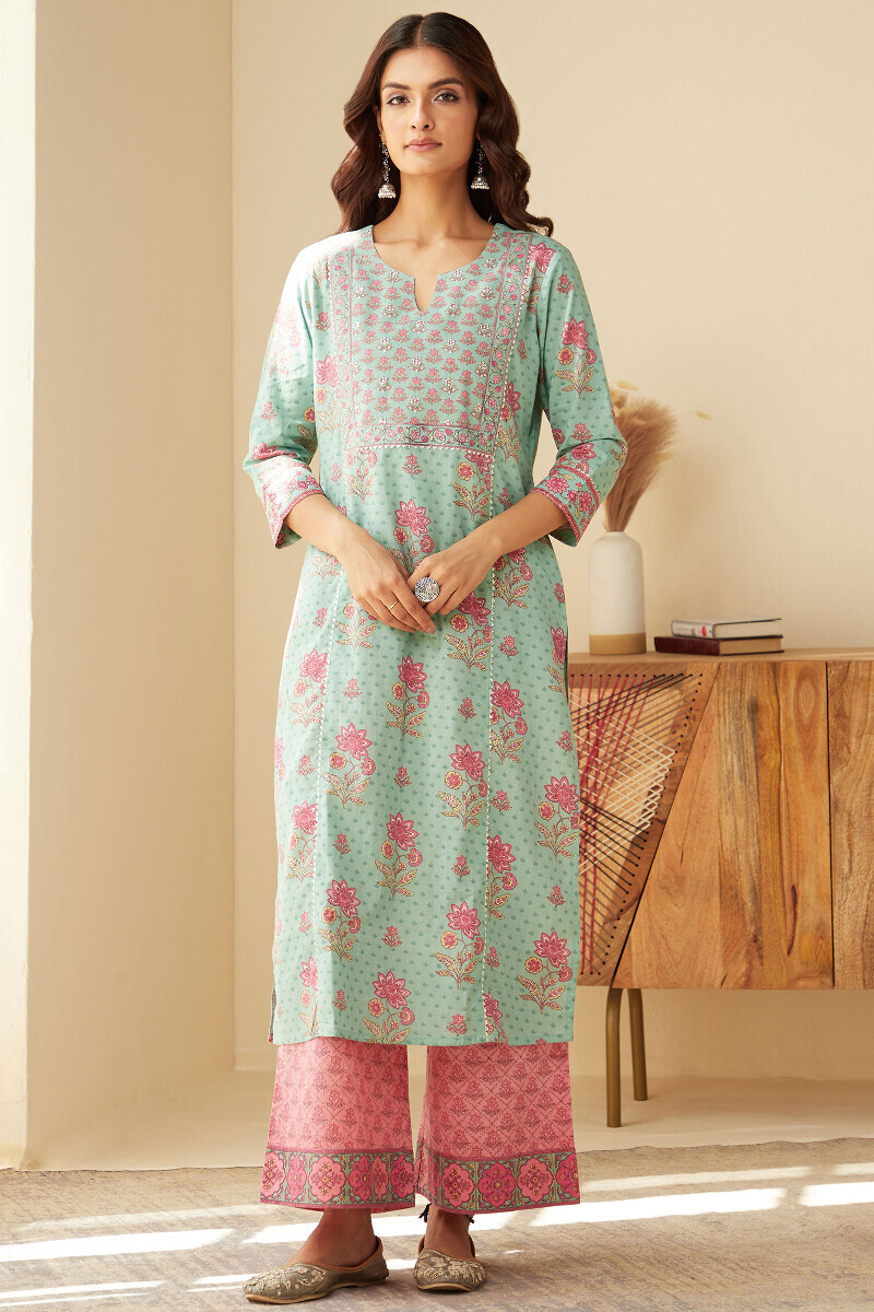 Green Hand Printed Straight Cotton Kurta