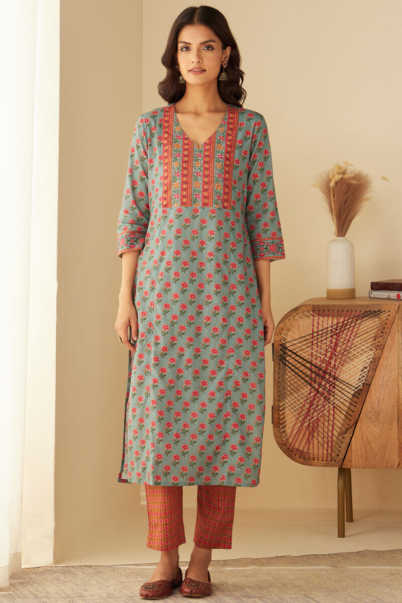 Blue Printed Straight Cotton Kurta