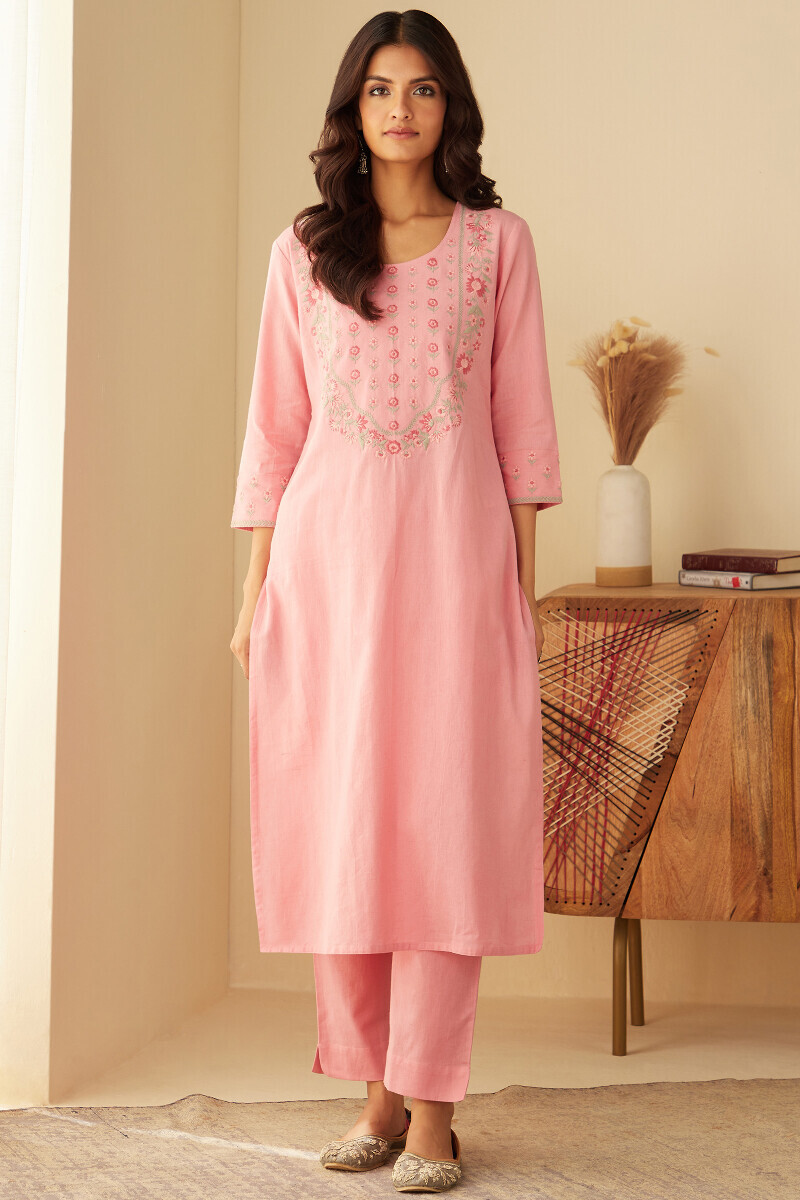 Pink Handcrafted Straight Cotton Flax Kurta