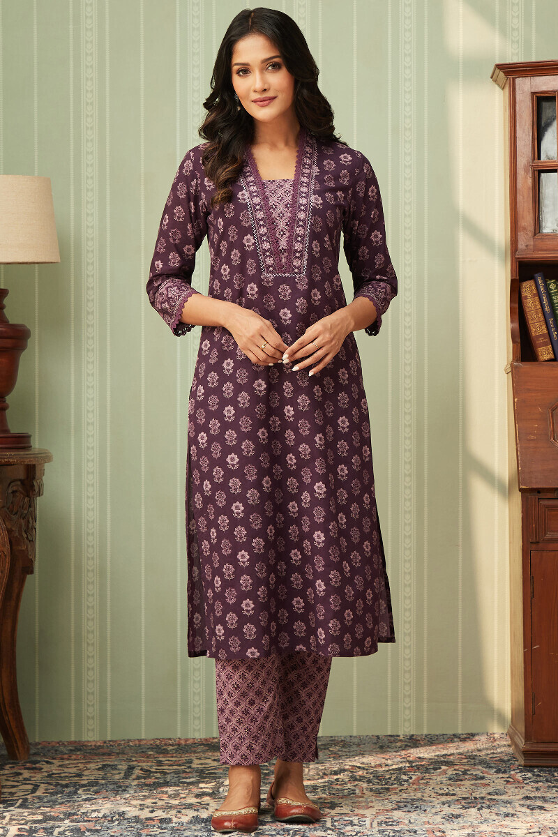 Purple Printed Straight Cotton Kurta