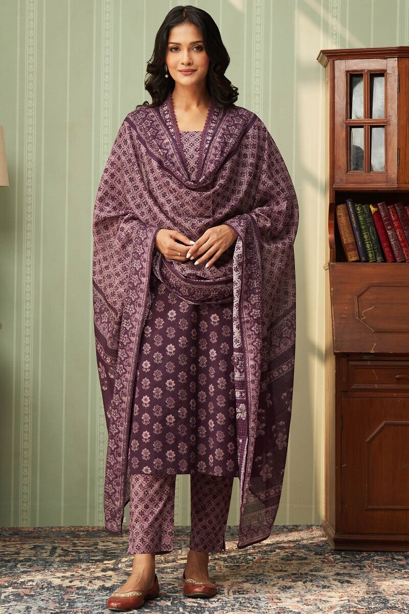 Purple Printed Cotton Narrow Pants