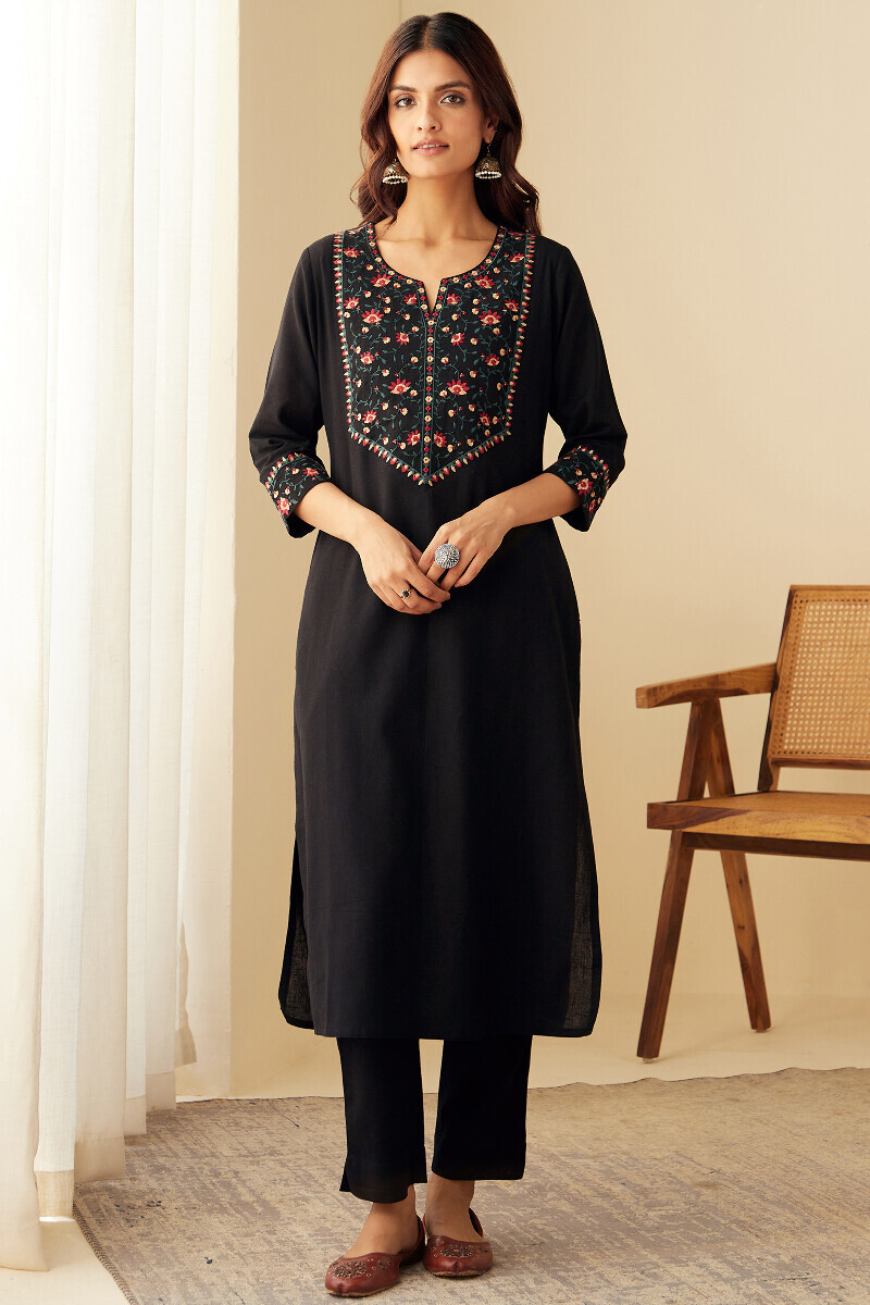 Black Handcrafted Straight Cotton Flax Kurta