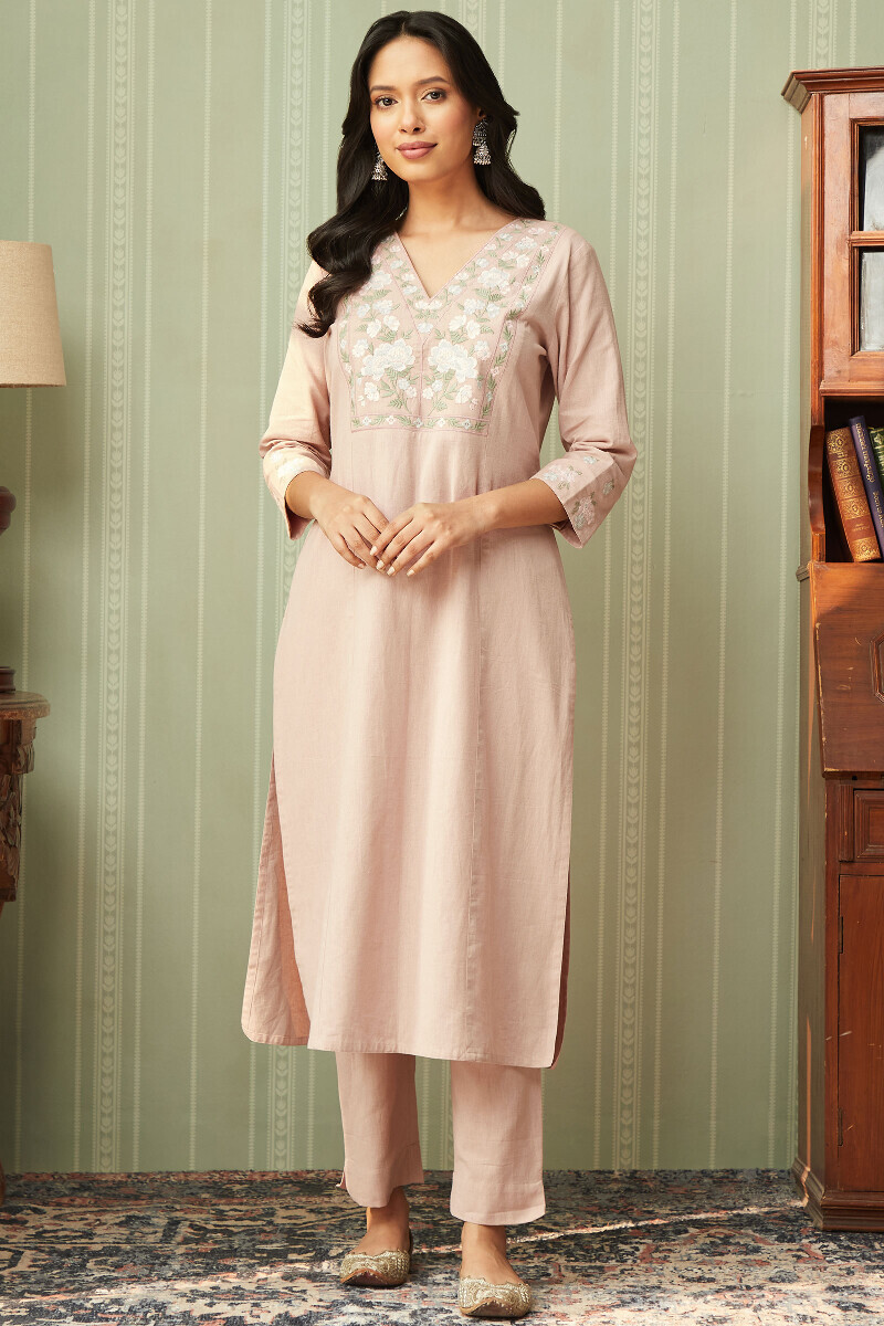 Pink Handcrafted Straight Cotton Flax Kurta