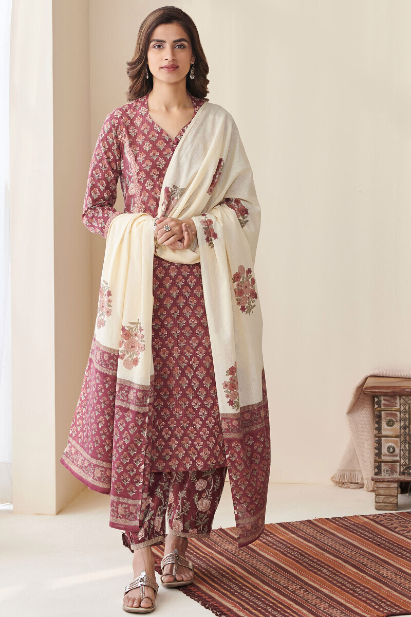 Maroon Hand Block-Printed Cotton Dobby Izhaar Pants