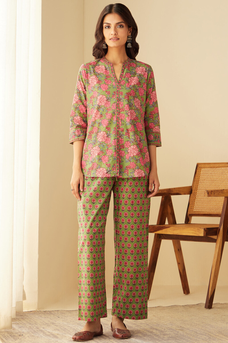 Green Hand Printed Cotton Loungewear Set