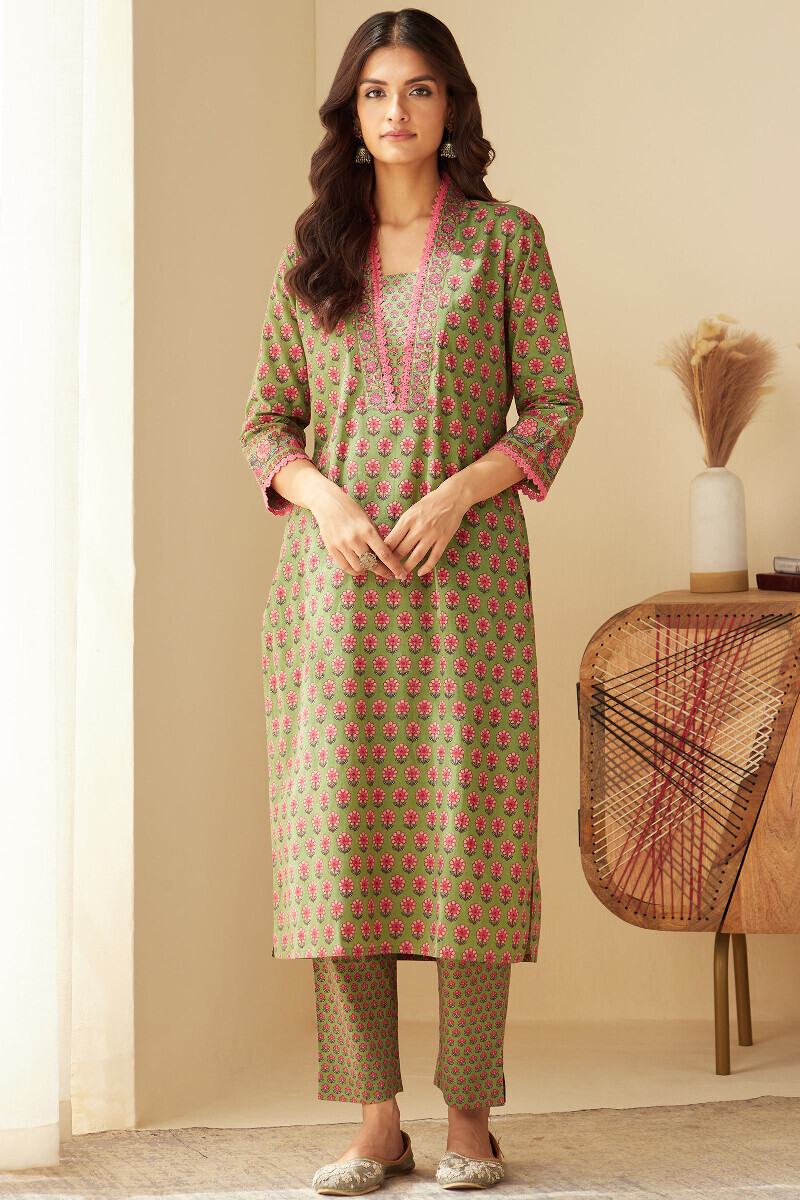 Green Hand Printed Straight Cotton Kurta