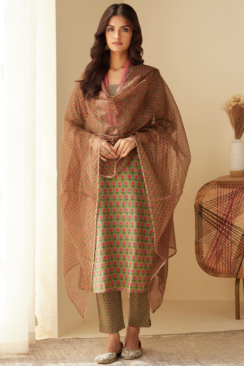 Green Hand Printed Kota Dupatta
