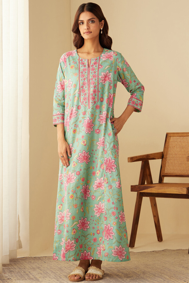 Green Hand Printed Cotton Kaftan