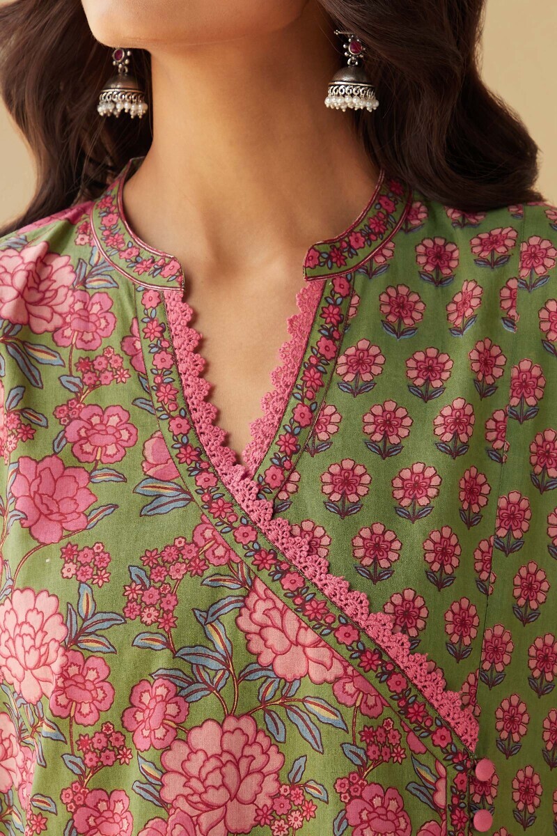 Green Hand Printed Angrakha Cotton Kurta
