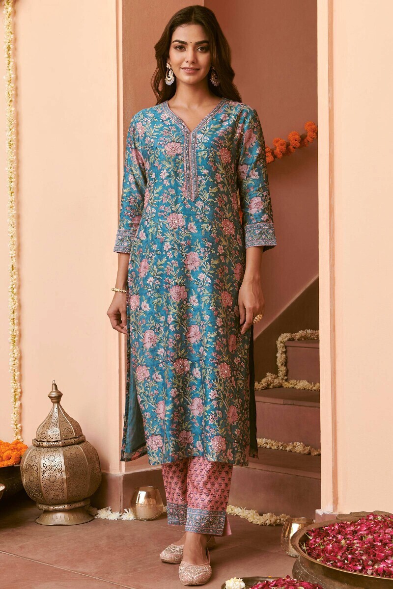 Blue Hand Block-Printed Straight Chanderi Kurta