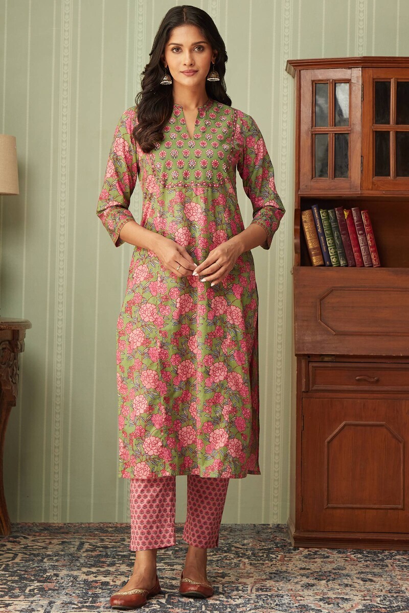 Green Hand Printed Straight Cotton Kurta