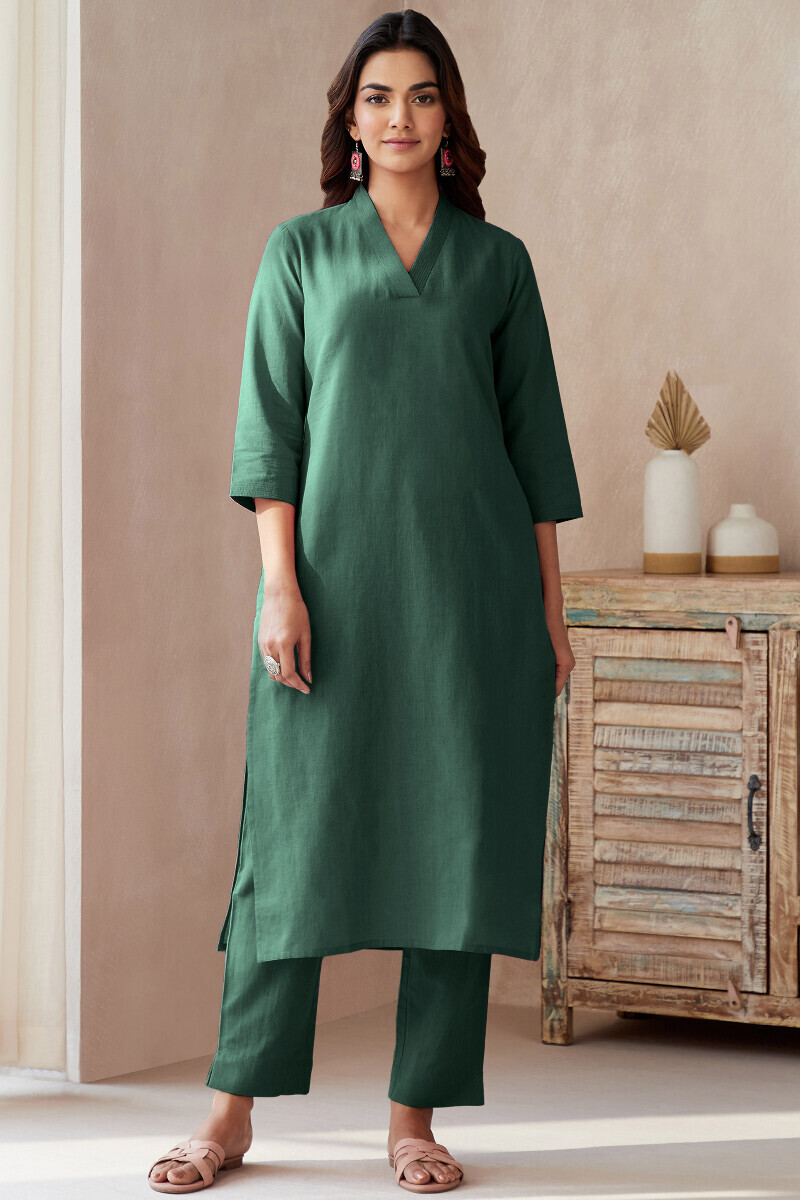 Jade Green Handcrafted Straight Cotton Flax Kurta