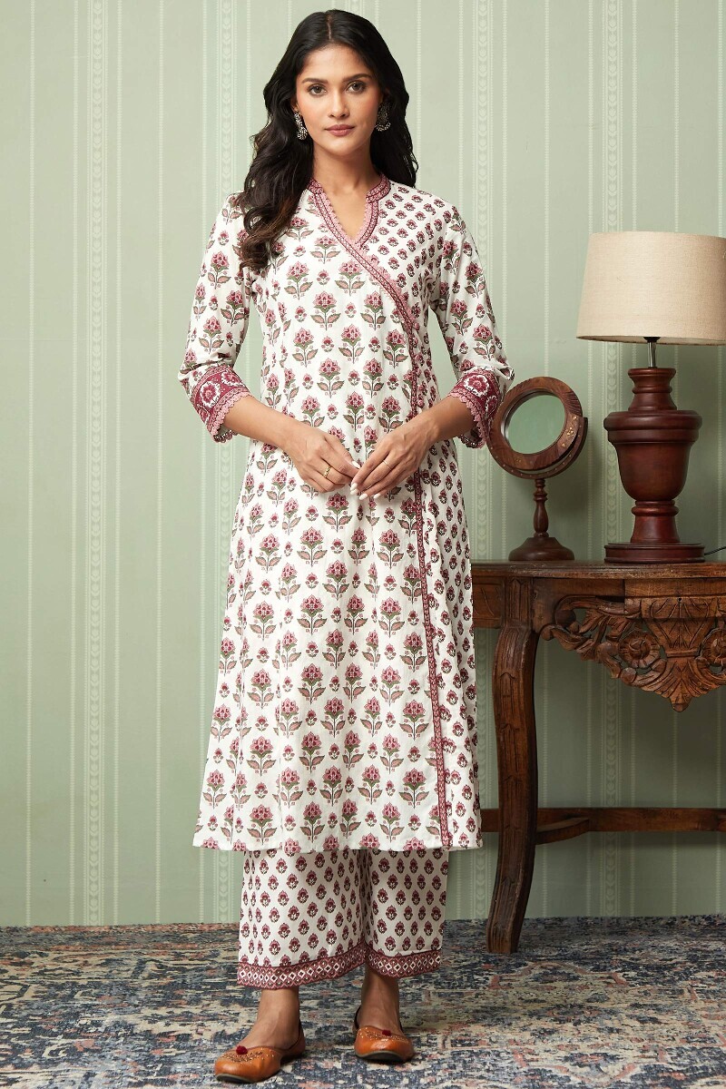 Off-White Hand Printed Angrakha Cotton Kurta