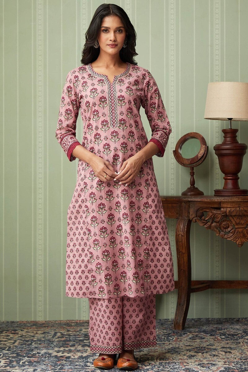 Pink Hand Printed Straight Cotton Kurta