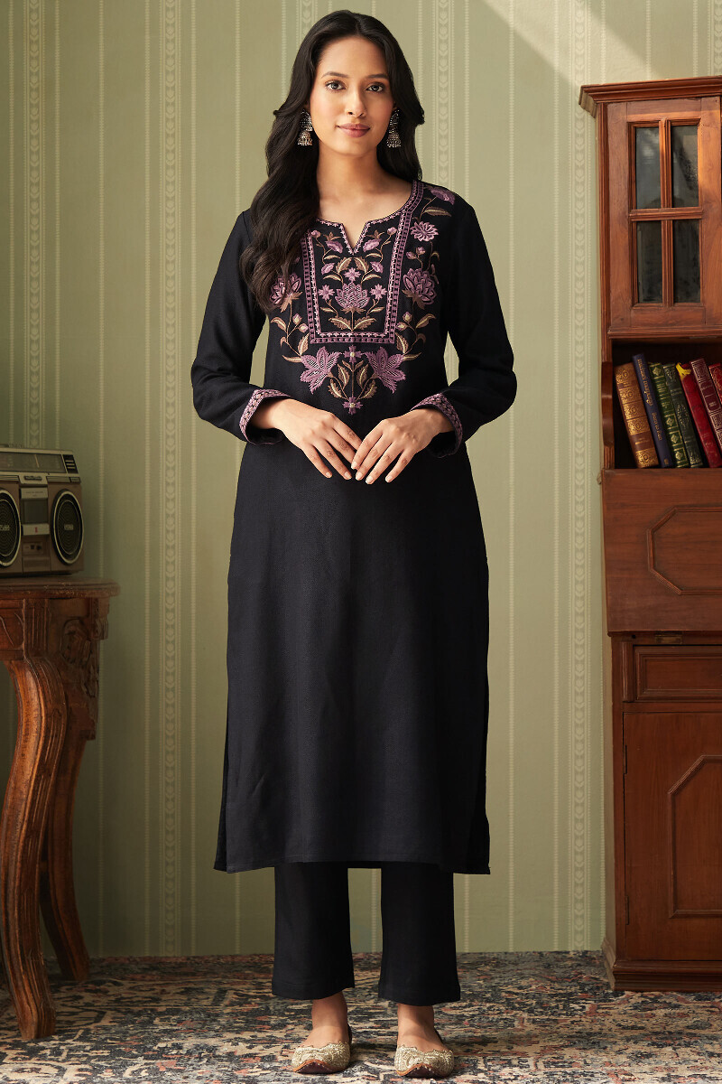 Black Handcrafted Straight Faux Wool Kurta