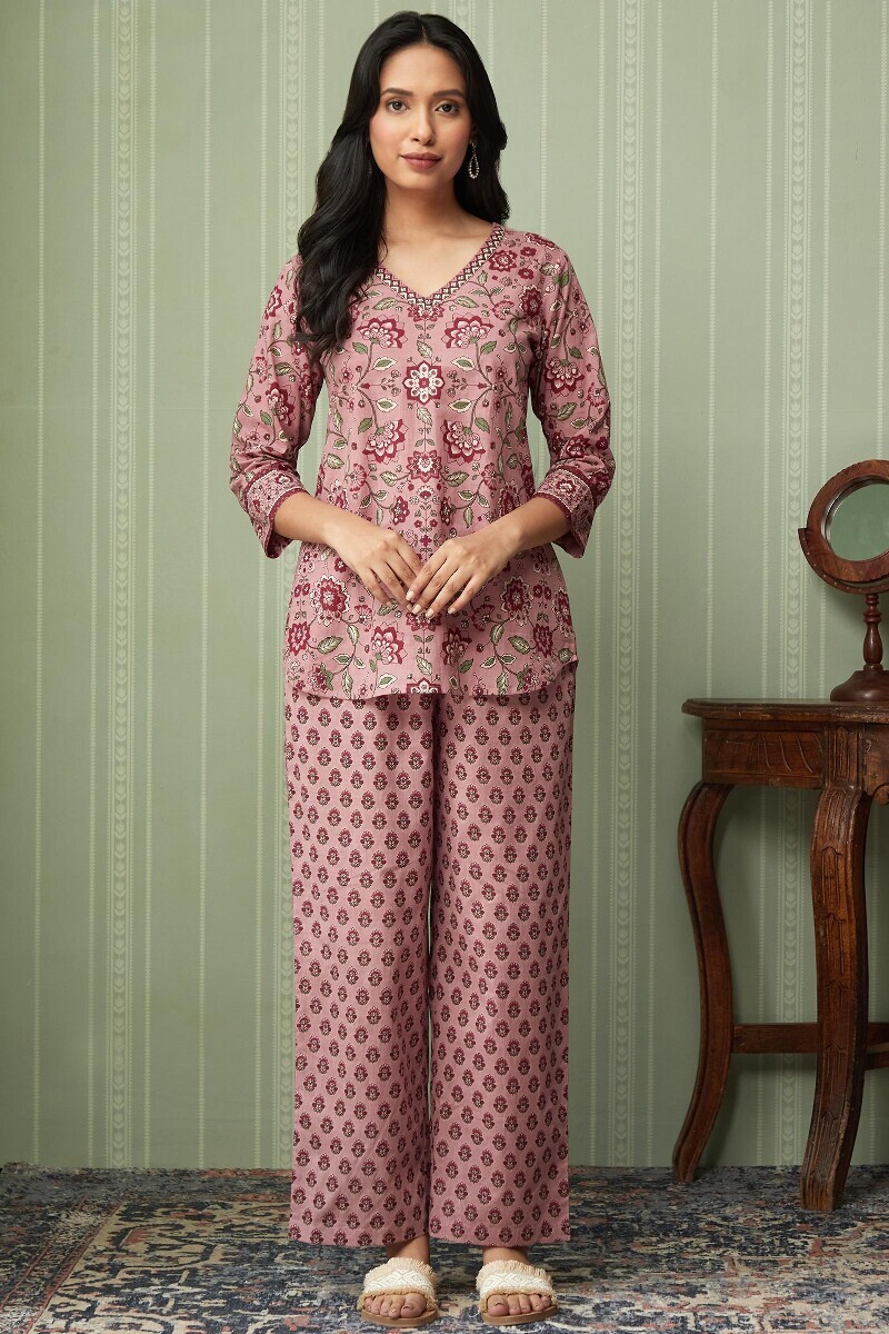 Pink Hand Printed Cotton Loungewear Set