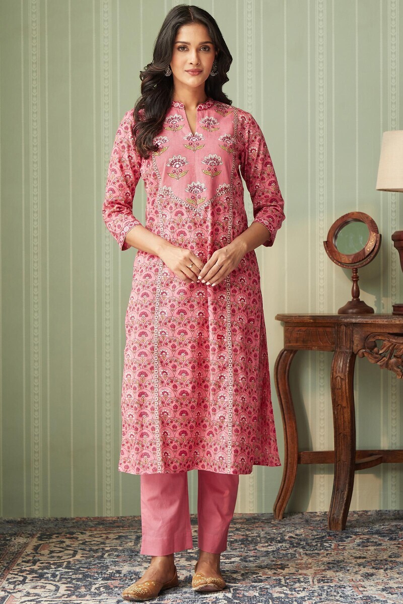 Pink Hand Printed Straight Cotton Kurta