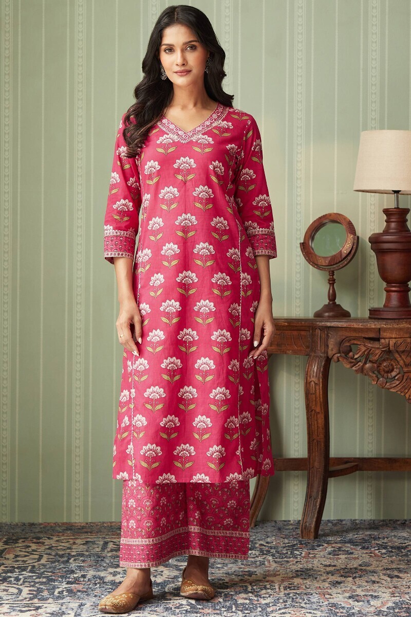 Pink Hand Printed Straight Cotton Kurta