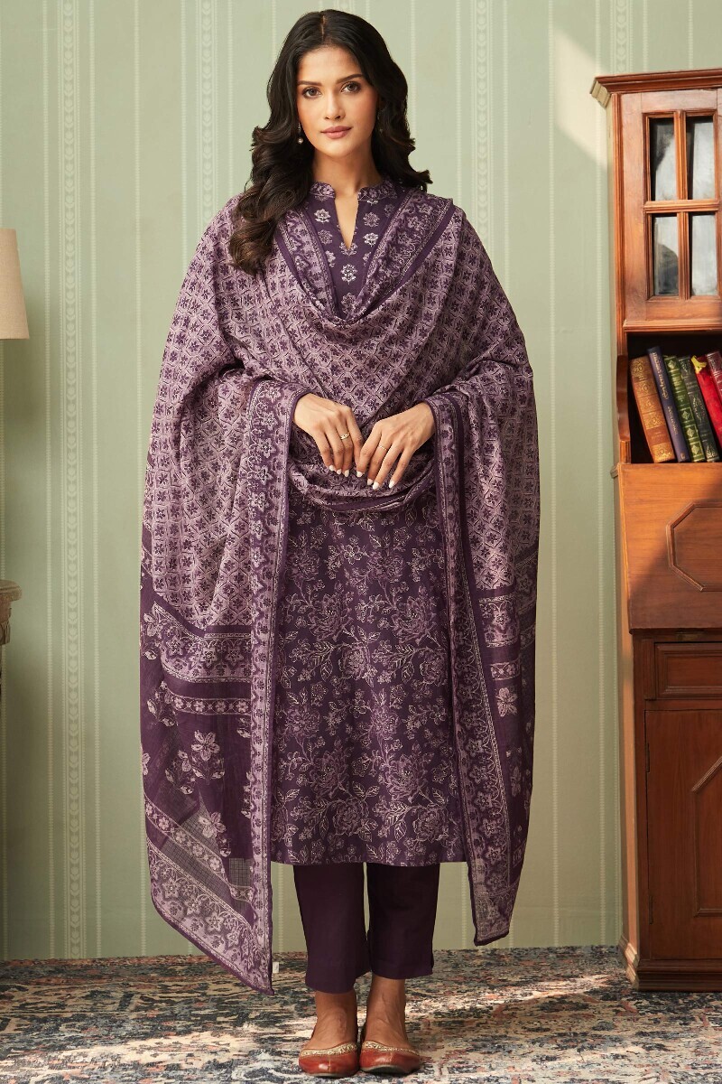 Purple Handcrafted Cotton Narrow Pants