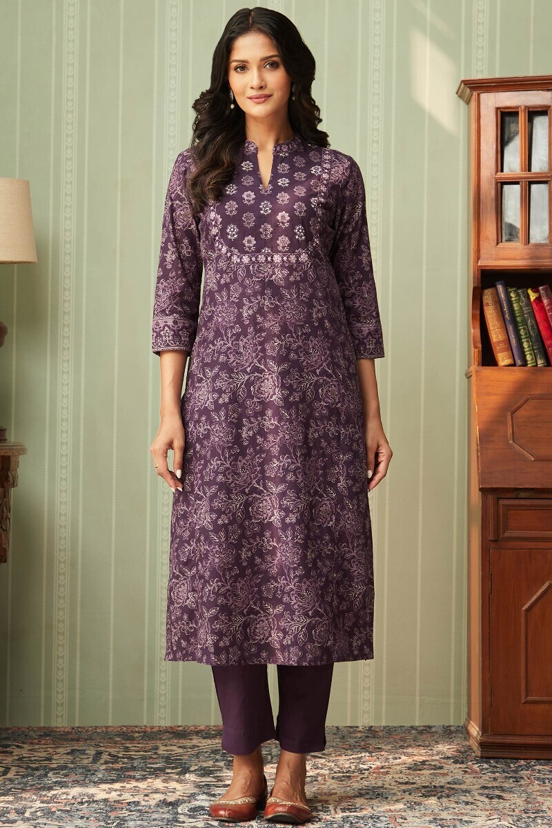 Purple Printed Straight Cotton Kurta