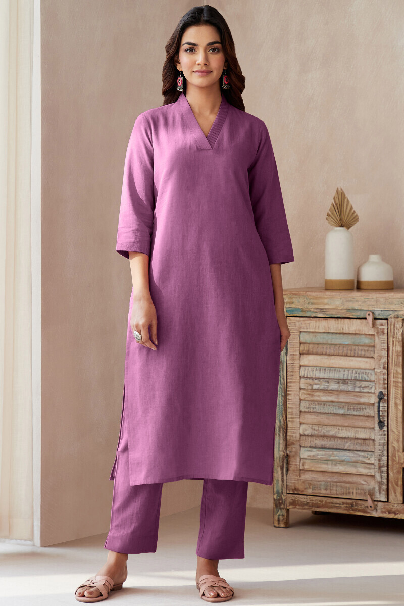 Purple Handcrafted Straight Cotton Flax Kurta