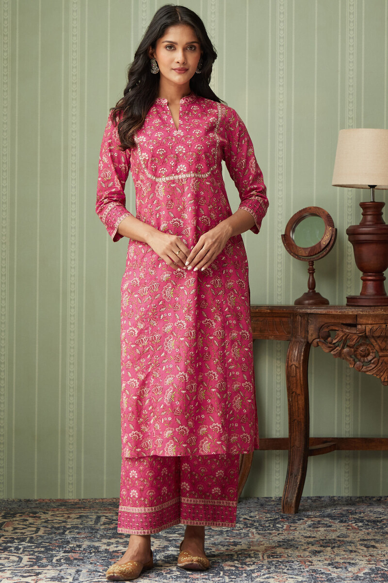 Pink Hand Printed Straight Cotton Kurta