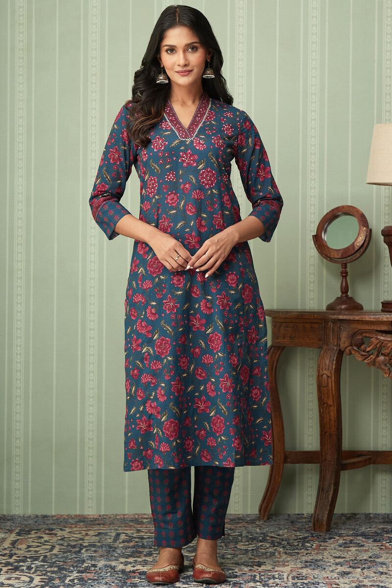 Blue Printed Straight Cotton Kurta
