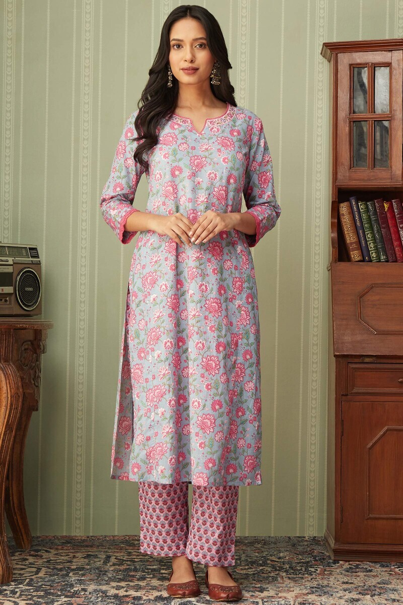 Blue Hand Printed Straight Cotton Kurta