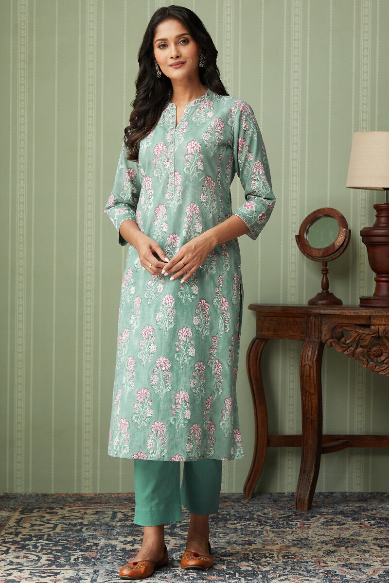 Green Hand Block-Printed Straight Cotton Kurta