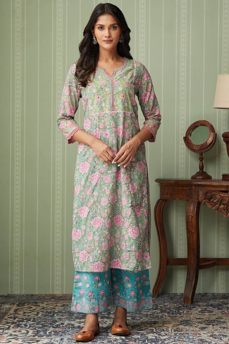 Green Hand Block-Printed Straight Cotton Kurta