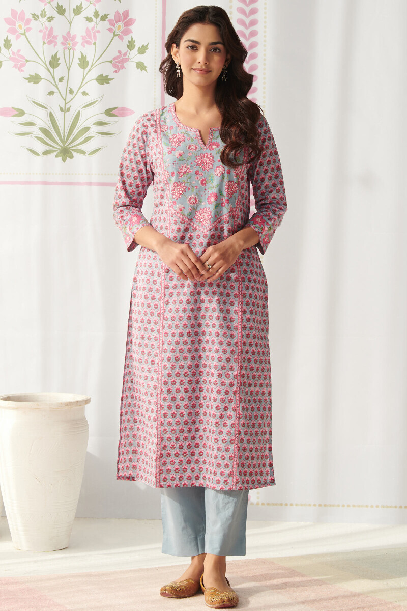 Blue Hand Printed Straight Cotton Kurta