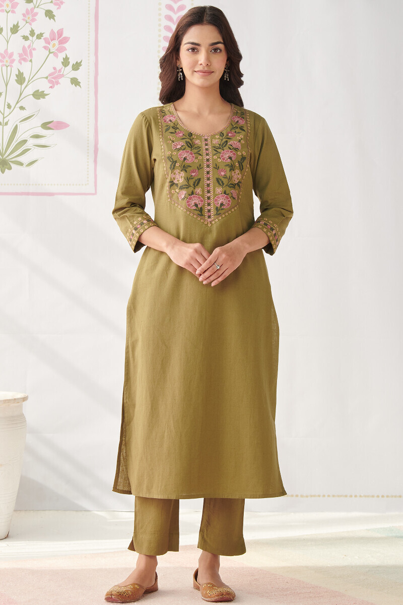 Olive Green Handcrafted Straight Cotton Flax Kurta