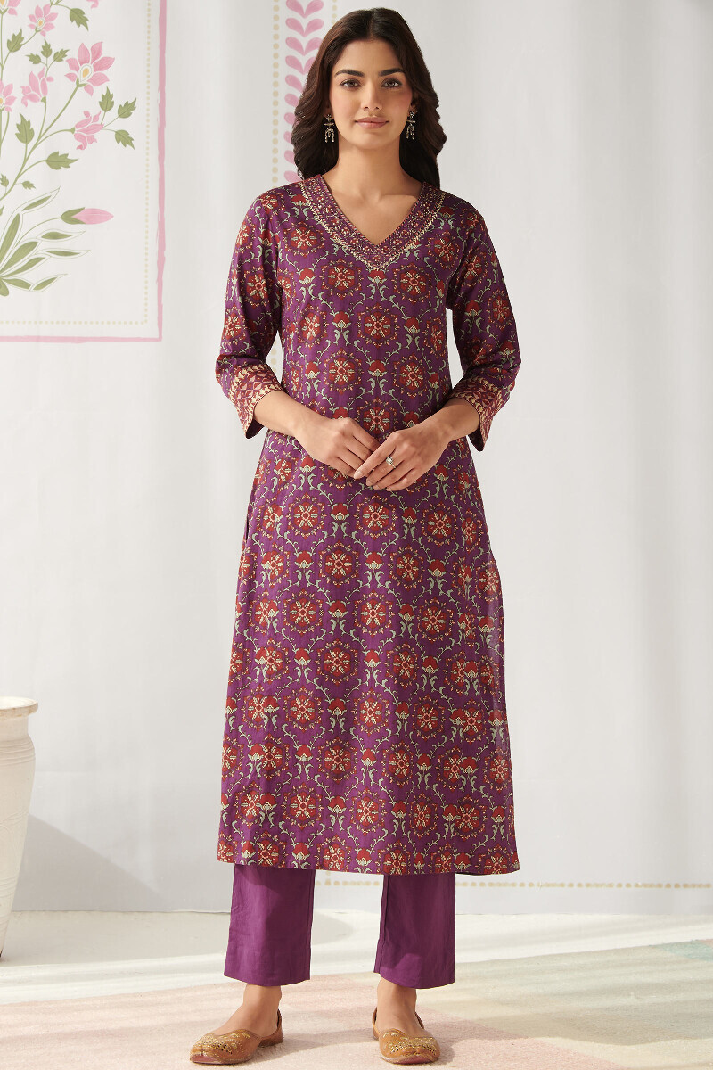 Purple Hand Printed Straight Cotton Kurta