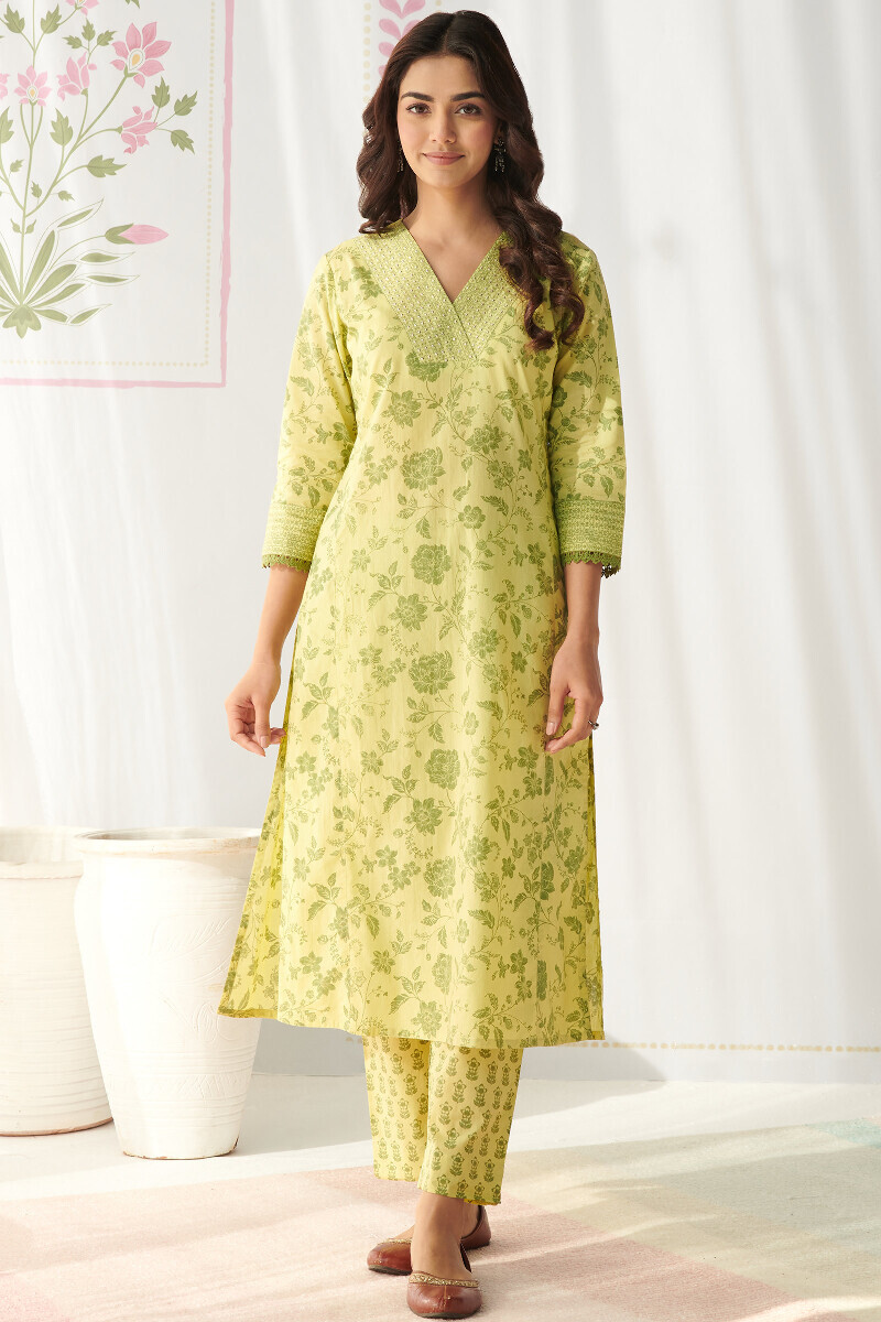 Lime Green Hand Printed Straight Cotton Kurta