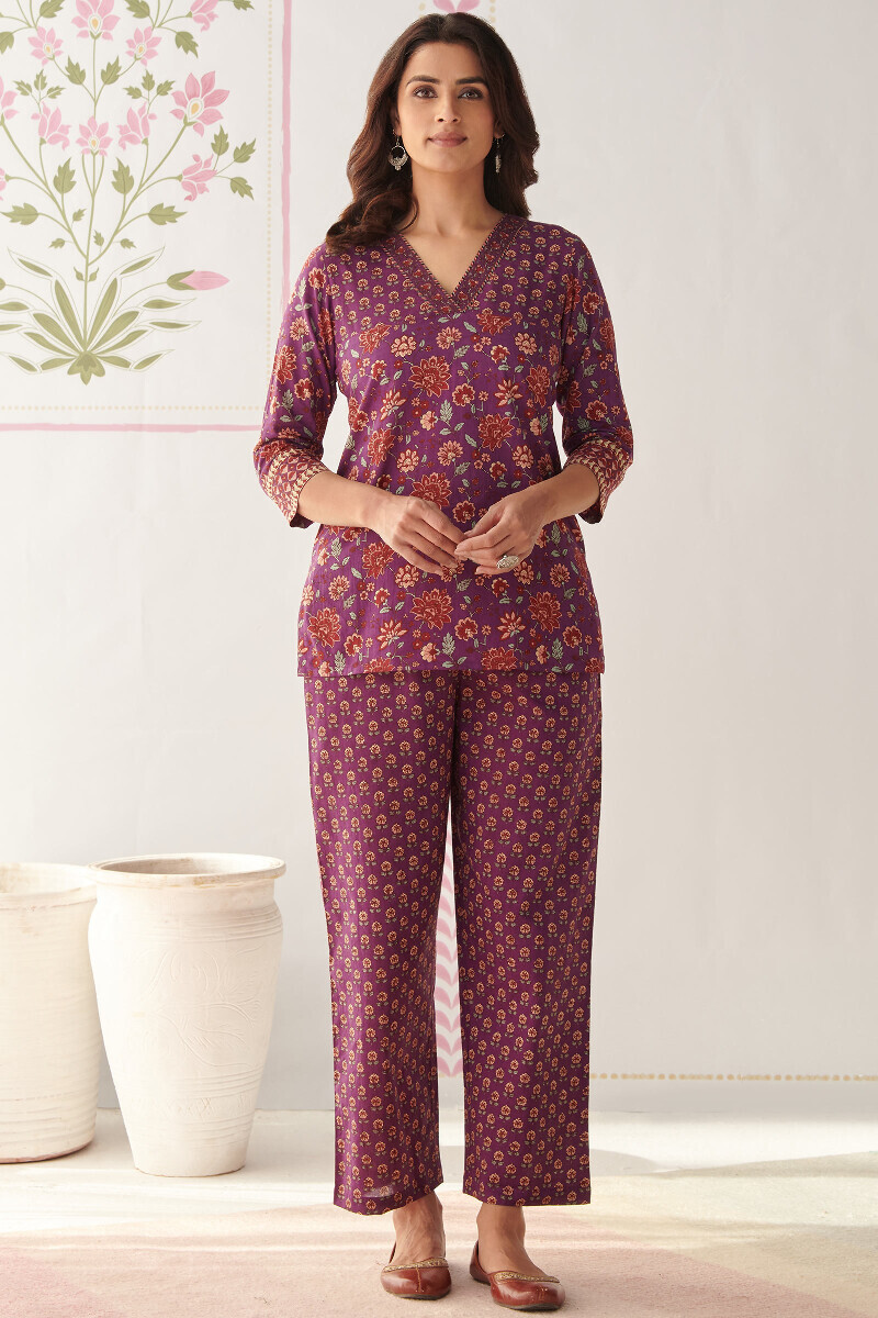 Purple Hand Printed Cotton Loungewear Set