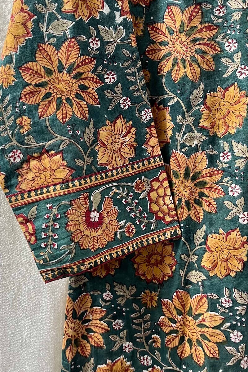 Green Hand Block-Printed Straight Kurta