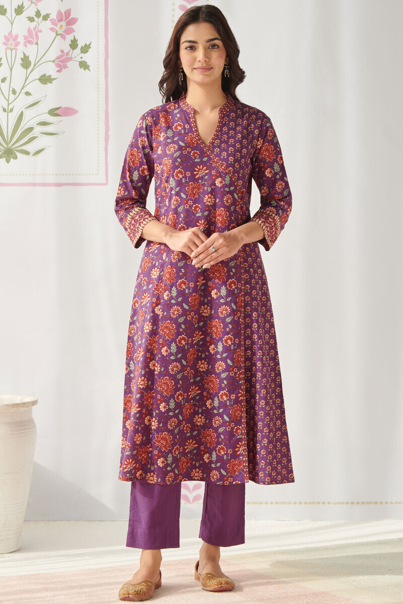 Purple Hand Printed Angrakha Cotton Kurta
