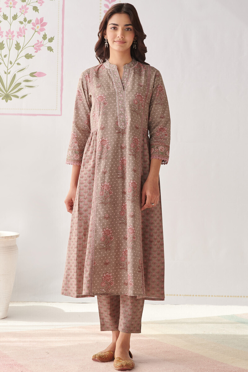 Grey Hand Printed A-Line Cotton Kurta