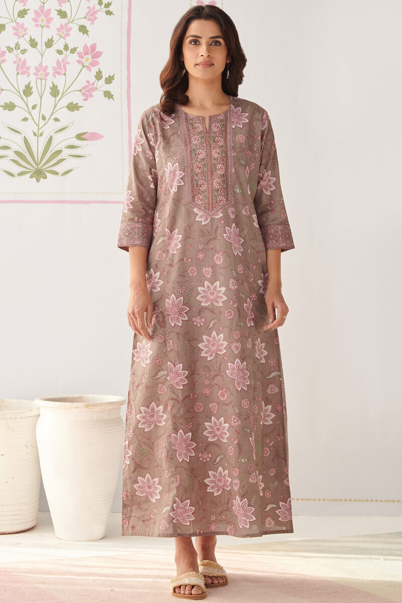 Grey Hand Printed Cotton Kaftan