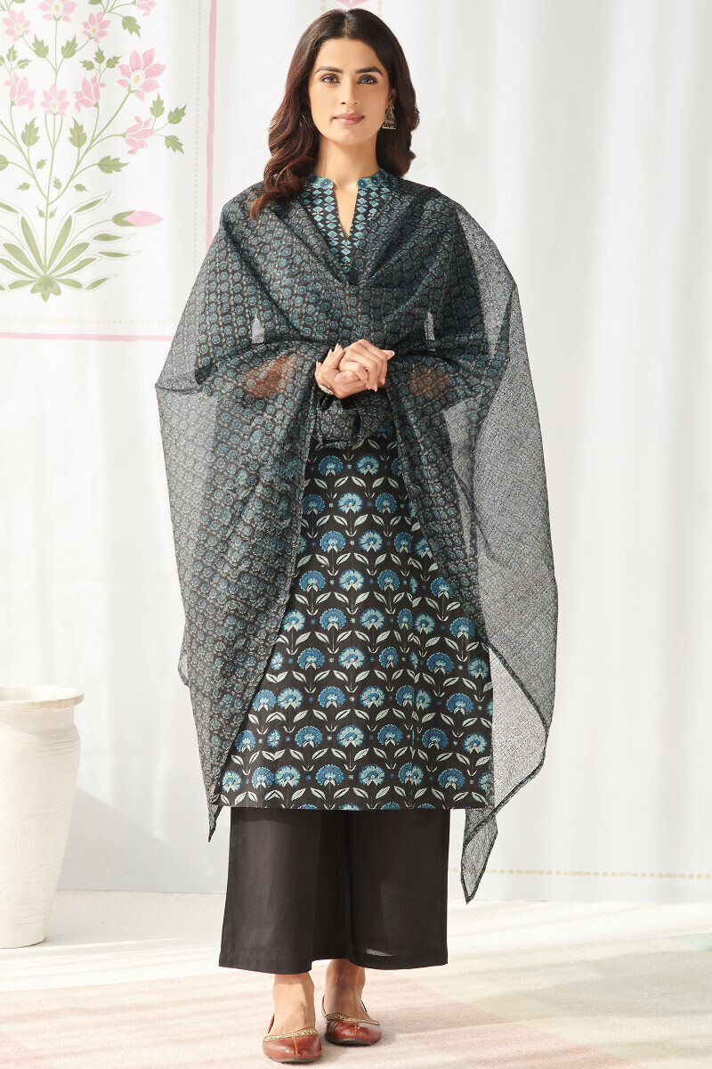 Black Hand Printed Kota Dupatta