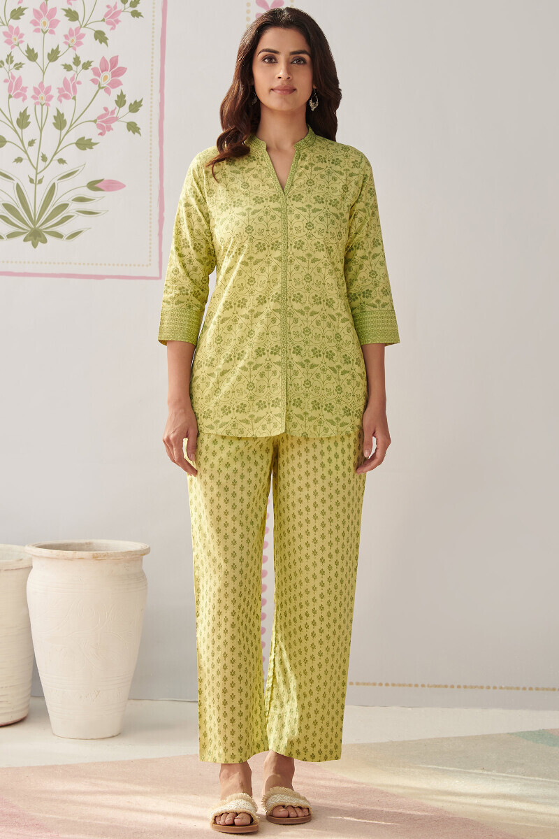 Lime Green Hand Printed Cotton Loungewear Set