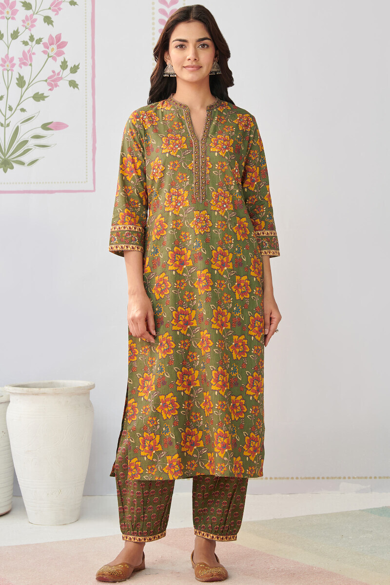Olive Green Hand Printed Straight Cotton Kurta